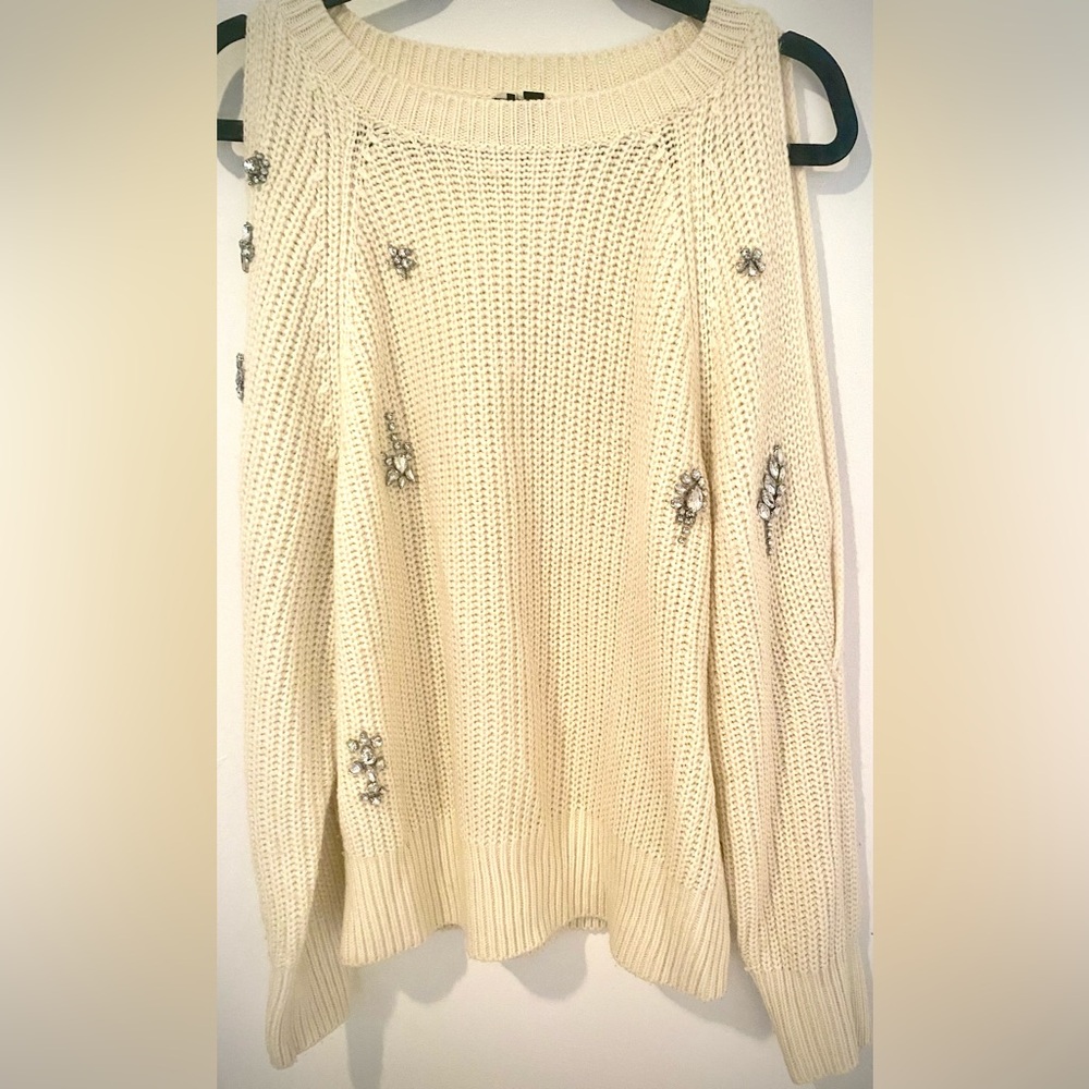Topshop Ivory  Rhinestone Embellished Split Sleeve Sweater